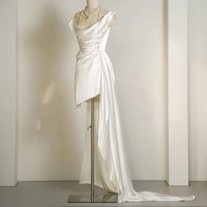 Petite off shoulder high-low hem dress white elegant
satin bridal wedding